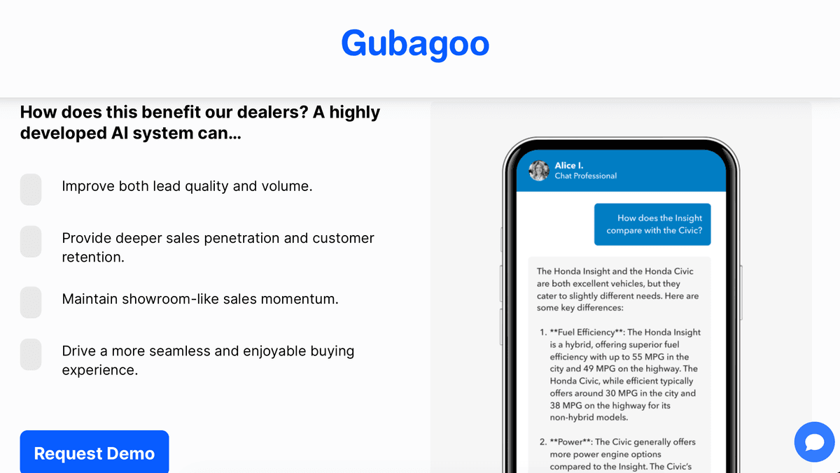 Gubagoo marketing page promoting GubagIQ as a highly developed AI system
