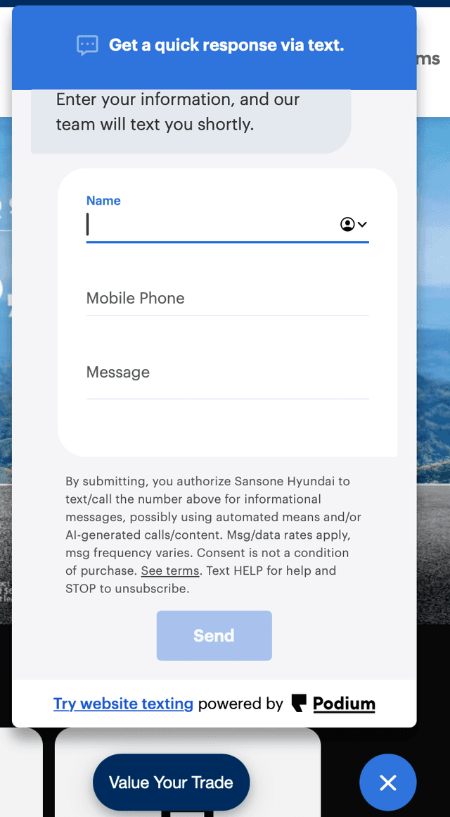 Podium webchat widget showing a contact form asking for name, phone number, and message